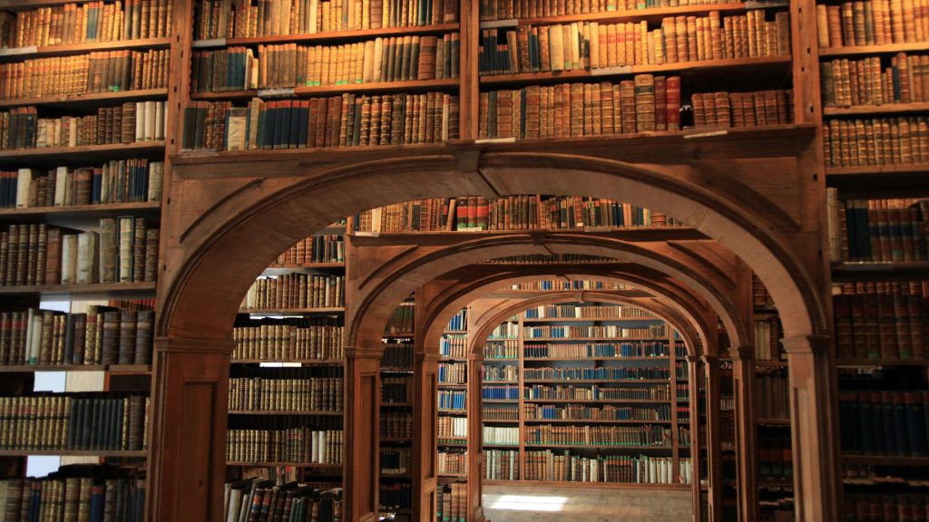 A massive library of books, warmly lit, each room leading into the next with an identical arched doorway up until the last room of shelves.