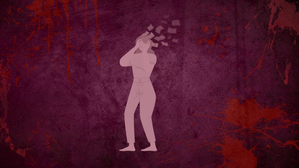 A pink silhouette of a woman holding their head with a distressed face. Papers are drifting away from her mind, representing memories. The background is purple with blood stains and dark purple marks on it.