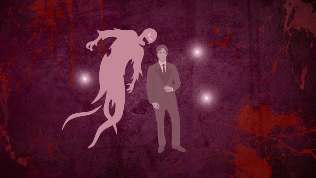 A pink silhouette of a man in a suit standing. Bright lights are surrounding him, depicting camera flashes. To his left is a large silhouette of an angry spirit. The background is purple with blood stains and dark purple marks on it.