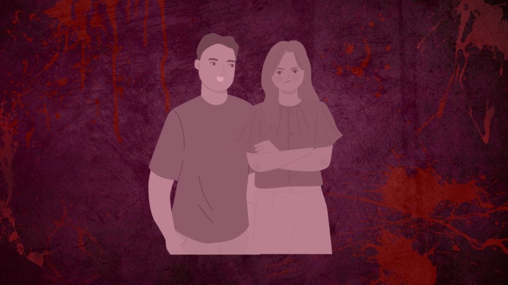 A pink silhouette of two people. One is a woman with an upset face, and the other is a man who is smiling at her. The background is purple with blood stains and dark purple marks on it.