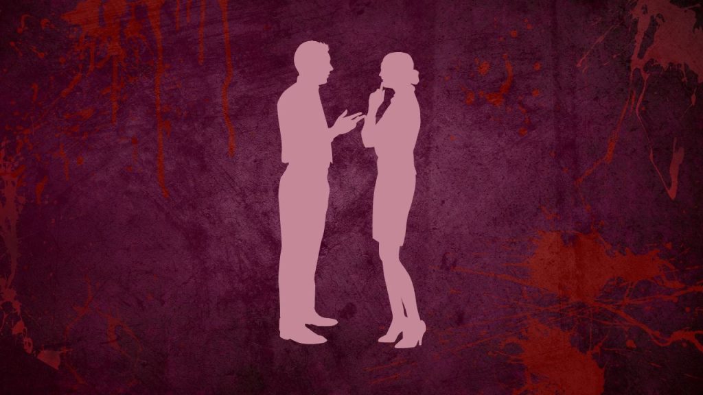 Two pink silhouettes of two people facing each other and talking on a purple background with blood stains and dark purple marks on it.