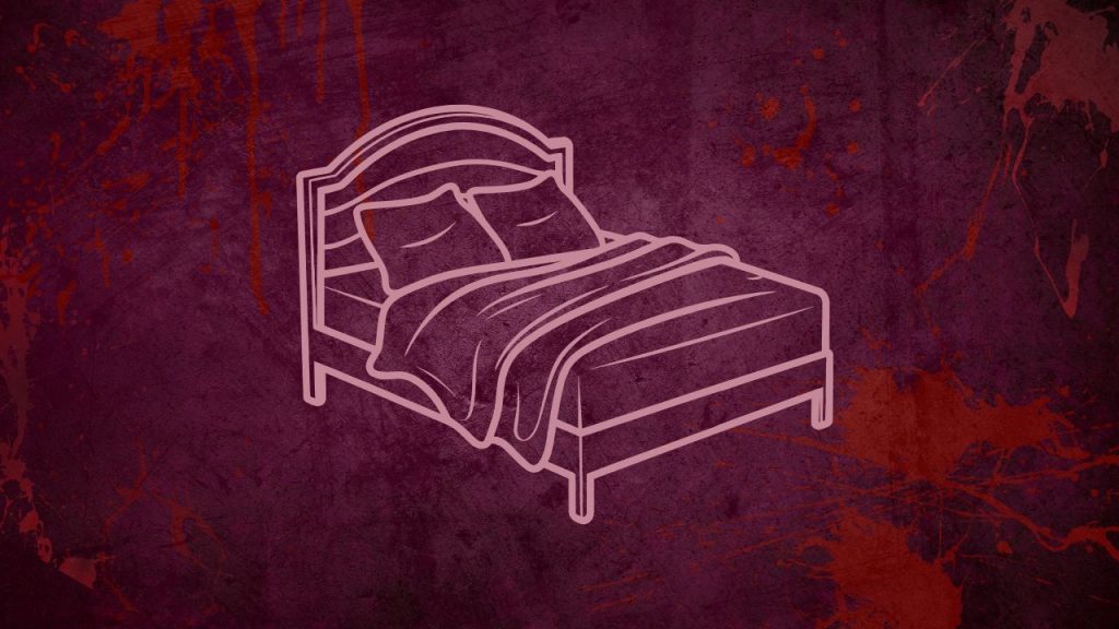 A pink silhouette of a bed with two pillows and a comforter on a purple background with blood stains and dark purple marks on it.