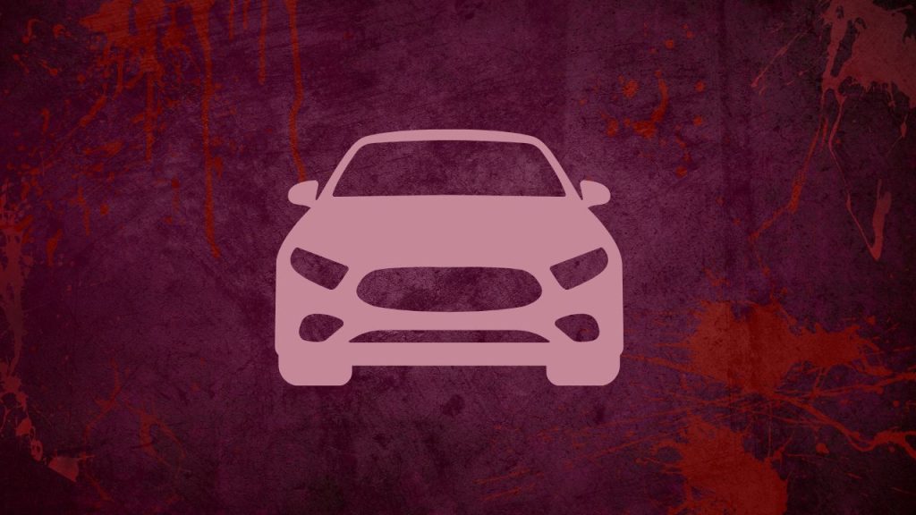 A pink silhouette of the front of a car on a purple background with blood stains and dark purple marks on it.