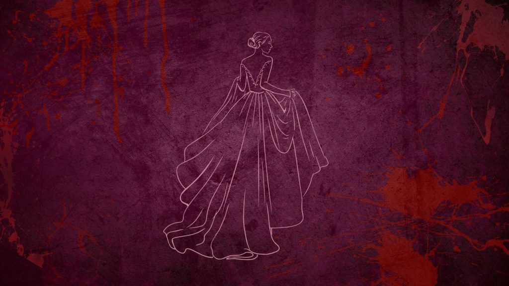 A pink silhouette of a woman in a wedding dress lifting her dress up. She is turned away as if she were walking away. The background is purple with blood stains and dark purple marks on it.