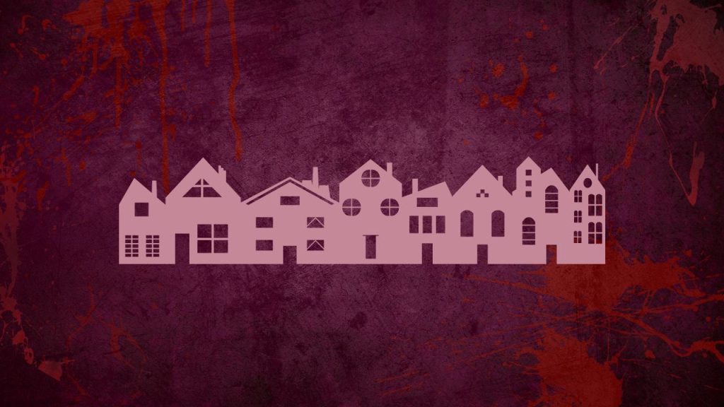 A pink silhouette of a town with multiple buildings. The background is purple with blood stains and dark purple marks on it.