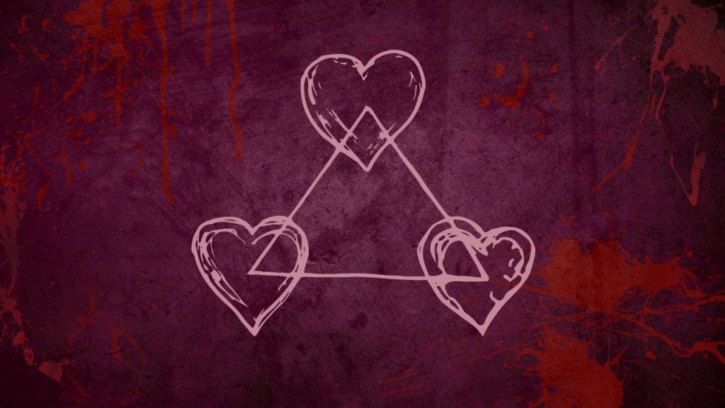 A pink silhouette of three hearts at each point of a triangle on a purple background with blood stains and dark purple marks on it.
