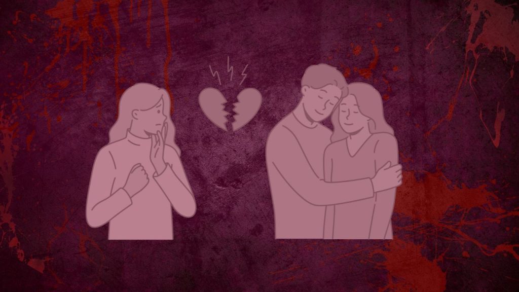 A pink silhouette of two people hugging happily, and a woman looking at them sadly. There is a pink broken heart between them. The background is purple with blood stains and dark purple marks on it.