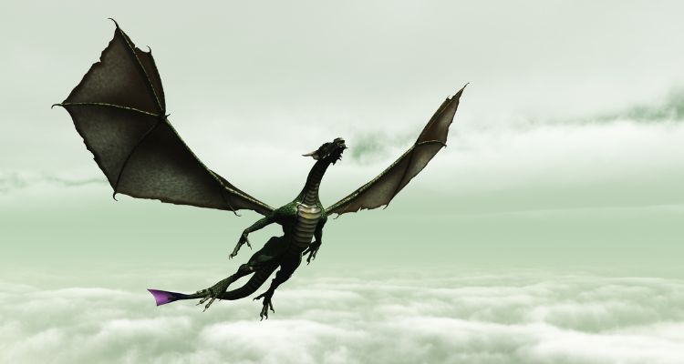 A dark green dragon with its wings extended outwards, flying through a green, cloudy sky.