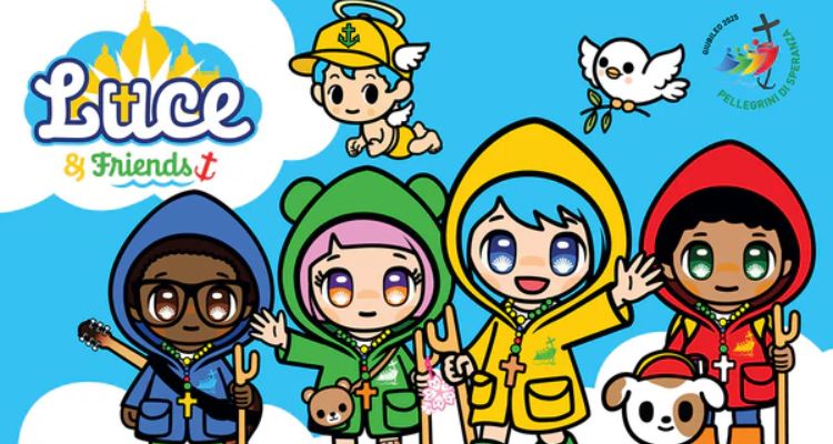 Four anime-style characters wearing vibrant colored jackets with rosaries are smiling. An angel and a dove are flying above them. On the left is a logo that says "Luce and Friends" on a silhouette of the Vatican. The main character, Luce, is waving and wearing a yellow coat with blue hair.