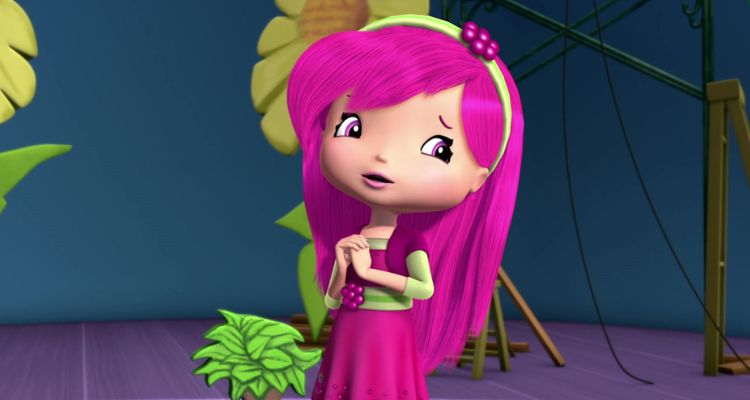 Raspberry Torte, an animated fair-skinned character with magenta hair, a magenta dress, and a green headband, looking sideways. The background shows a turquoise wall and purple floor.