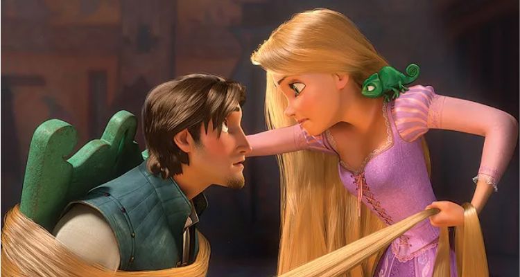 Still from Tangled, depicting Rapunzel in a purple dress staring angrily at Flynn Ryder, who is sitting on a chair and wrapped in her long, blonde hair. On Rapunzel's shoulder is Pascal, a green chameleon.