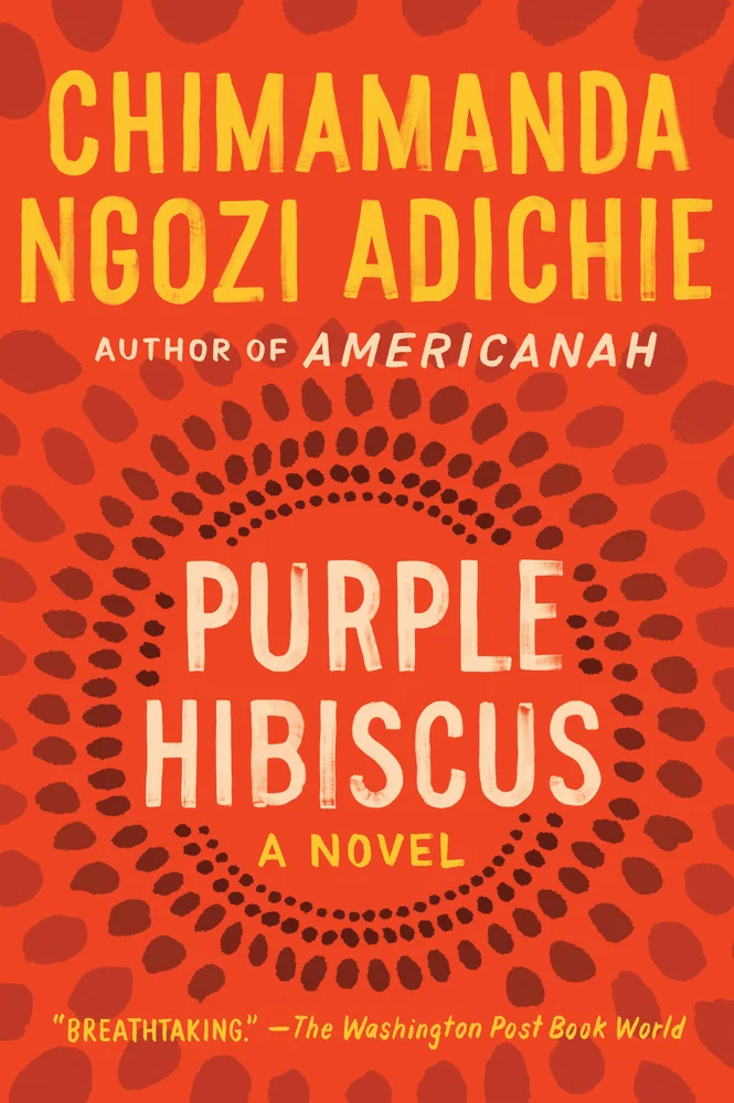 Purple Hibiscus by Chimamanda Ngozi Adichie book cover. Depicts a red background with circles in a darker red around the cover.