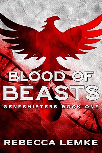 Blood of Beasts by Rebecca Lemke book cover, depicting the silhouette of a bird, with molecules and DNA strands. The overall color scheme is white, grey, and maroon, and the title is written on the bottom half of the book in light grey letters.