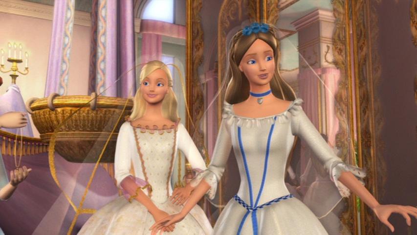 Still from Barbie as the Princess and the Pauper, depicting Erika, a brunette girl, wearing a white dress with blue accents, a blue necklace, blue headband, and a veil standing next to Princess Anneliese, a blonde girl wearing a white dress with pink accents and a veil.