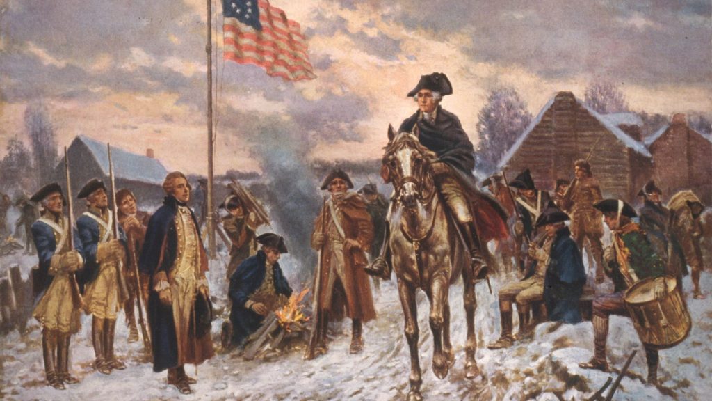 Painting of George Washington riding a horse in the snow at Valley Forge with soldiers carrying guns and drums gathered on either side of him.