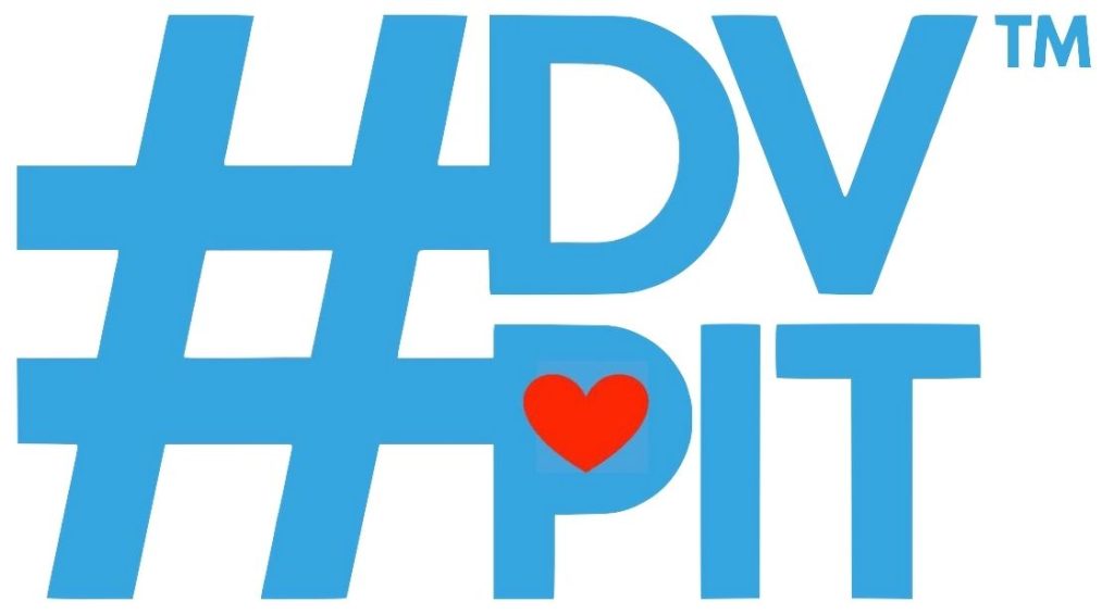 #DVPit logo, sky blue in color the hashtag is the height of the logo with DP to the upper right of the hashtag and PIT under. A Red heart is denoted within the hole of the letter "p"