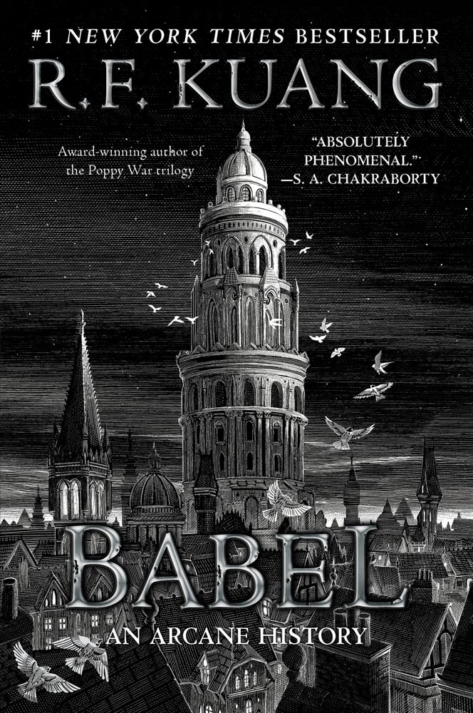 Babel by R.F. Kuang book cover. Depicts a black and white illustration of a large gothic building with birds flying around it.