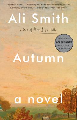 Autumn by Ali Smith book cover. Depicts a horizon with an orange sunset and with orange trees and a green field.
