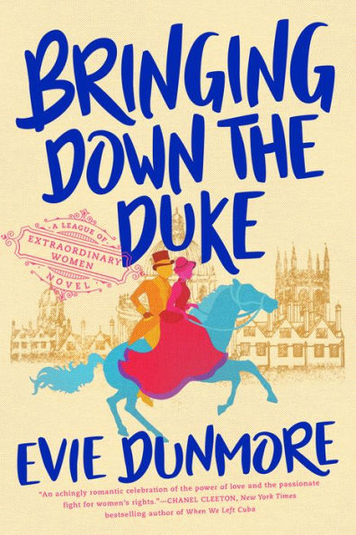 Book cover of "Bringing Down the Duke" by Evie Dunmore shows a colorful illustration of a man and woman riding a horse. The background features a faint image of a castle, hinting at a historical setting.