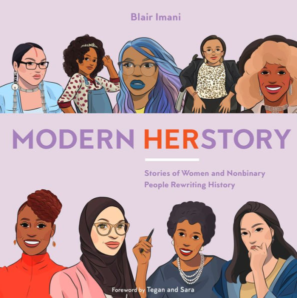 Illustrated book cover for "Modern HERstory" by Blair Imani. Features diverse women and nonbinary figures, capturing empowerment and inclusivity.