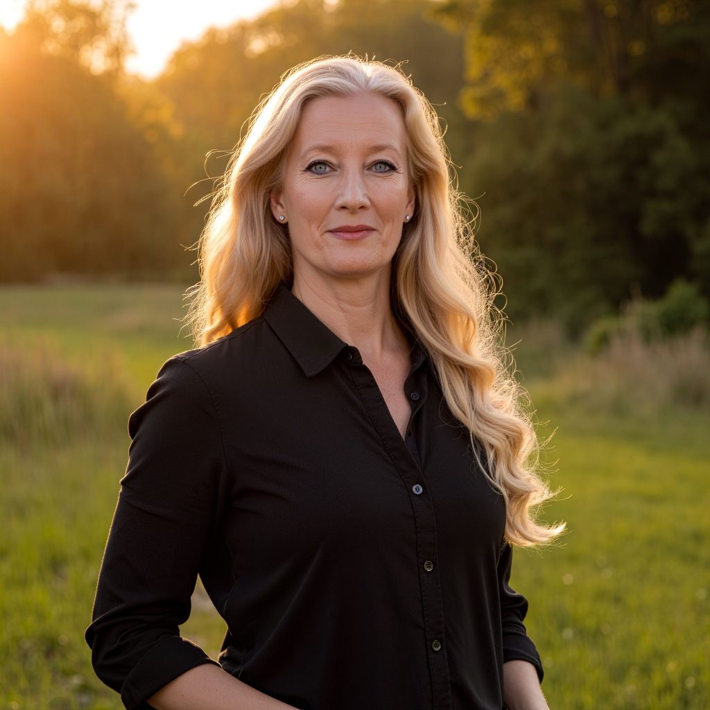Helen Fields, a light-skinned middle-aged woman with long, wavy blonde hair and a black button-down shirt, stands in a field in front of a grouping of trees, looking at the viewer. The sunlight illuminates her from behind.