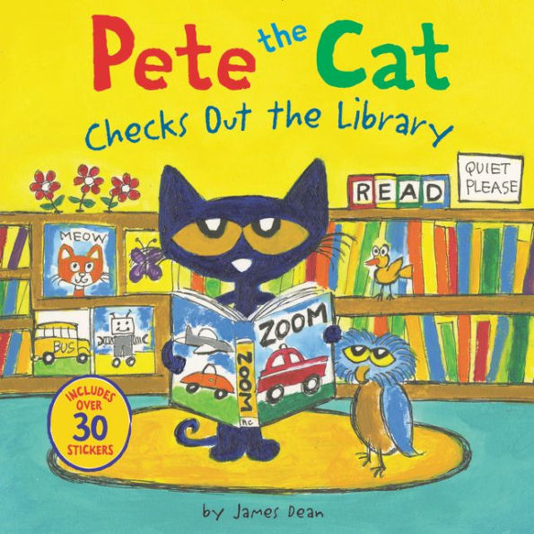 Book cover of "Pete the Cat Checks Out the Library" by Kimberly Dean. Pete the Cat with bright yellow eyes and glasses, reads a colorful book titled 'Zoom' in a vibrant library. An owl stands nearby. Books and cheerful flowers adorn the background.