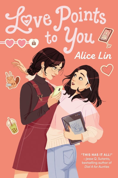Book cover of "Love Points to You" by Alice Lin. Two women, one holding a phone and another a tablet, smile warmly. Background has hearts and playful icons.