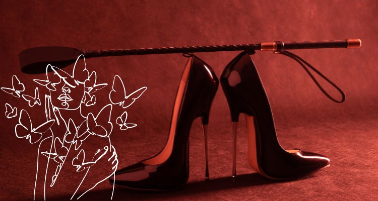 There is a red background with tall heels in the center. Laying on the heels is a small kinky paddle. In the bottome left is a white outline of a person hugging themselves with butteflies coming out of their head.