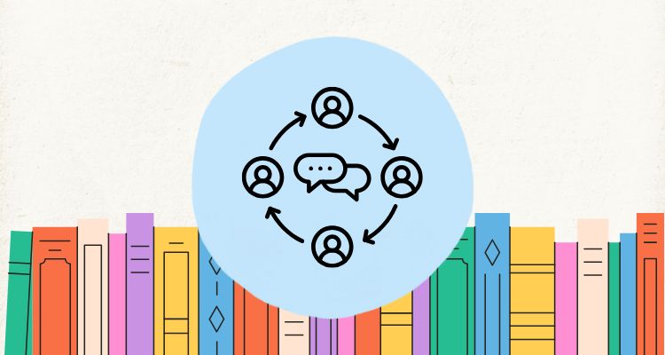 There is a tan background, and in the center is a blue circle. In the circle is another circle with four profile pic icons. Arrows join the icons closing in the circle with a chat bubble in the middle of them. At the bottom is a line of different colored and shaped books.