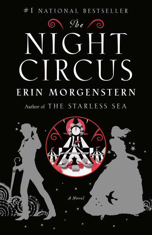The Night Circus by Erin Morgenstern book cover. Depicts silver silhouettes of a man in a hat and a woman in a dress. A circle of a black and white striped circus tent between them.