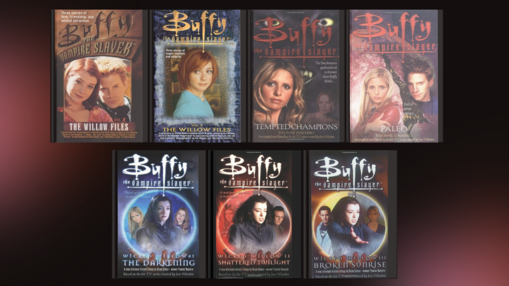 In article image depicting a black-red blended background with the Buffy the Vampire Slayer book covers displayed at the center.