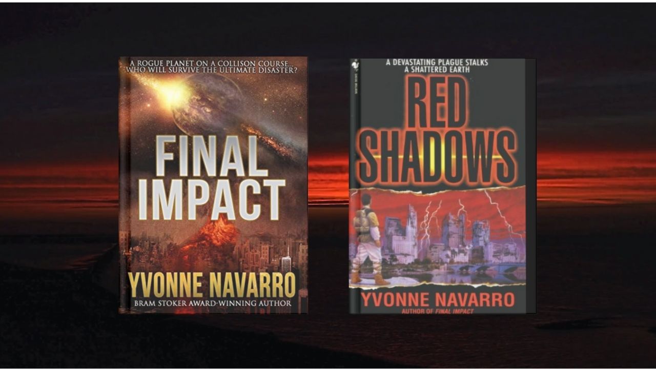 In article image depicting a dark background with a dim red-orange sunset in the horizon and a display of two book covers at the center.