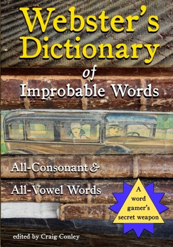 Webster's Dictionary of Improbable Words by Craig Conley, book cover depicting a brick wall and a drawing of a man and woman in an old-fashioned car.