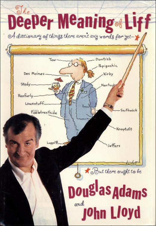 The Deeper Meaning of Liff by Douglas Adams and John Lloyd, book cover depicting a man pointing to a diagram of an illustrated person in a suit with strange words labeling different parts.