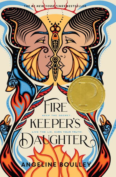 Book cover of "Firekeeper's Daughter" by Angeline Boulley. It features mirrored Native American-style profiles with vibrant orange and blue patterns, and a gold award sticker.
