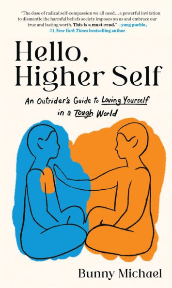 Book cover of "Hello, Higher Self" by Bunny Michael. Features two outlined figures, one blue and one orange, sitting and facing each other.