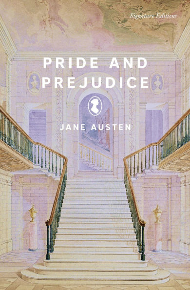 Book cover of "Pride and Prejudice" by Jane Austen. Features a pastel-hued grand staircase.