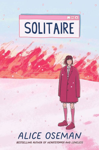 "Solitaire" by Alice Oseman, a YA book cover depicting a person in a pink coat standing under the title resembling a computer window. The background has abstract red and pink shapes.