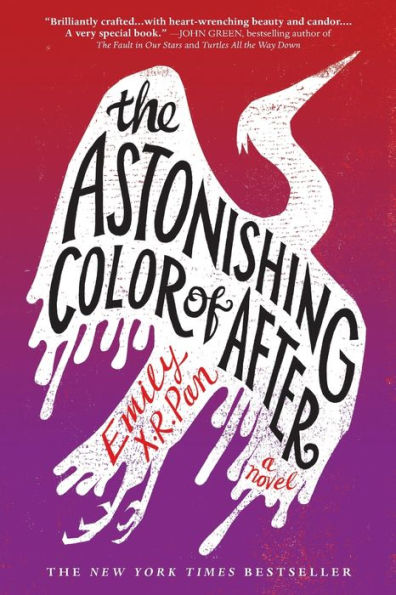 "The Astonishing Color of After" by Emily X.R, a book cover depicting a stylized, white bird silhouette against a red-to-purple gradient. The title is written in black on the birds wings.