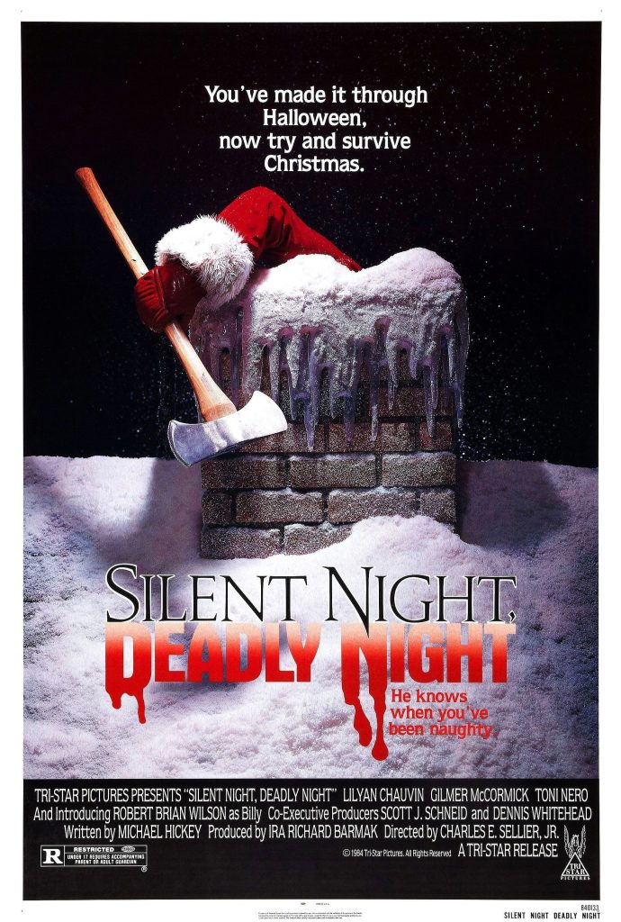 Silent Night, Deadly Night horror movie poster by Charles E. Sellier Jr, depicting Santa Claus coming out of the chimney gripping an axe.