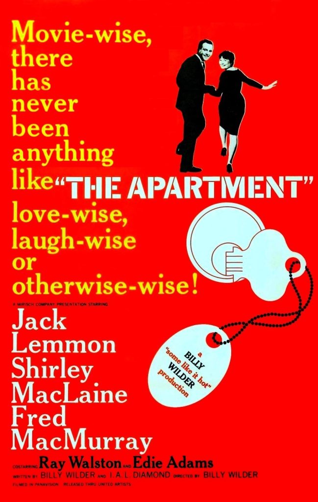 The Apartment by Billy Wilder movie poster featuring the lead two actors against a red-orange backdrop with an icon of a key and text moving down the left that says "Movie-wise, there has never been anything like 'The Apartment' love-wise, laugh-wise, or other-wise!" in yellow.