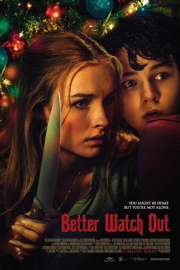 Better Watch Out by Chris Peckover movie poster, depicting a young woman and a young boy holding a butcher knife, with a lit Christmas tree in the background.