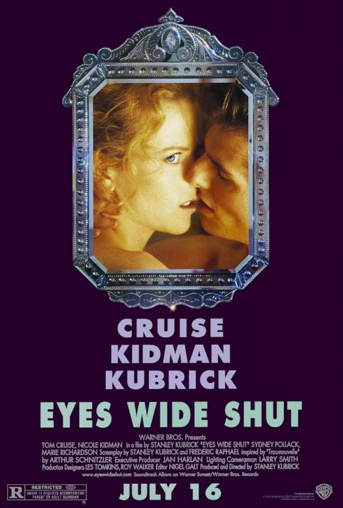 Eyes Wide Shut by Stanley Kubrick movie poster featuring a man and woman mid-kiss with the woman looking away in a silver frame, against a purple backdrop.
