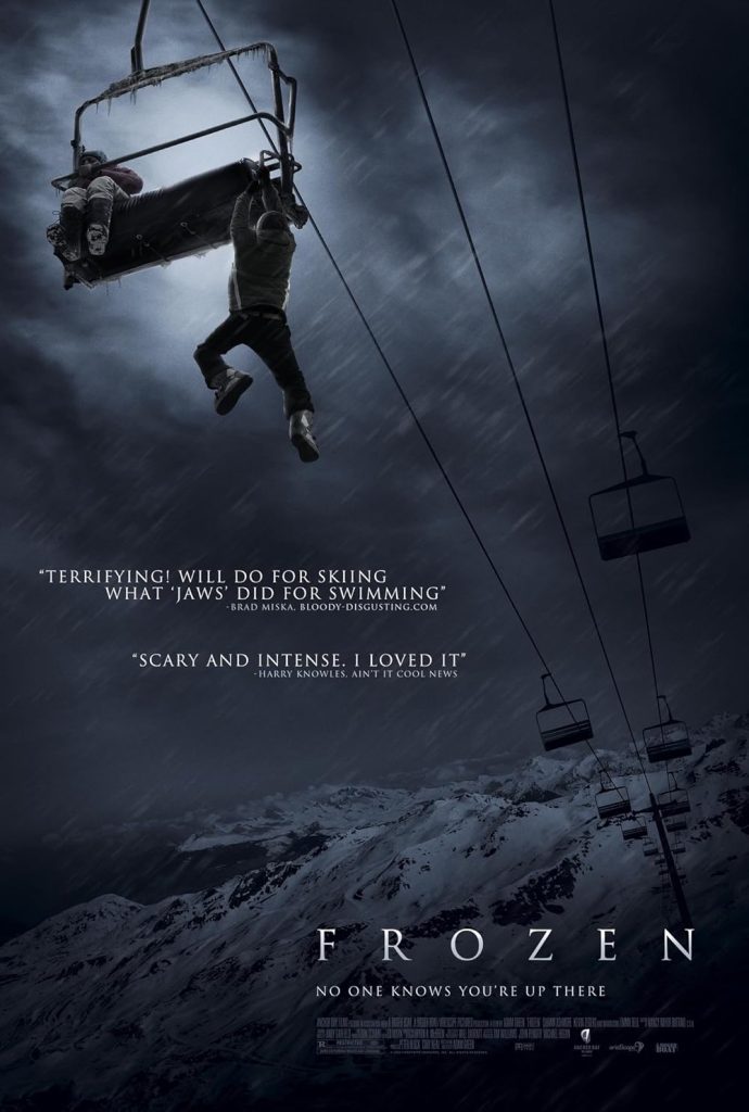 Frozen by Adam Green movie poster depicting a person dangling from a ski lift, against a winter's night sky.
