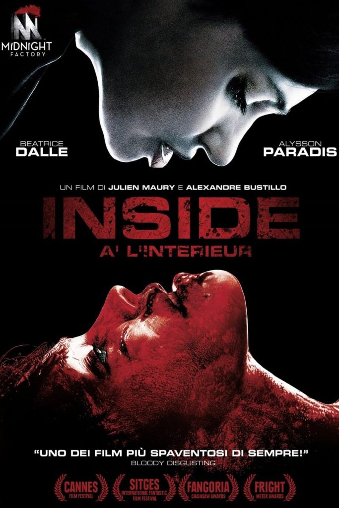 Inside by Julien Maury and Alexandre Bustillo movie poster depicting two women looking at each other from the top and bottom. The woman on top is clean, black and white imagery while the one on bottom is red and covered in grime.