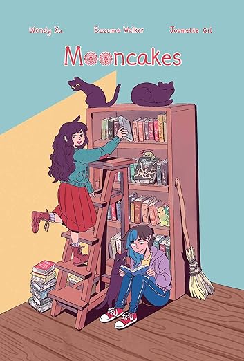 Mooncakes by Suzanne Walker book cover, depicting an illustration of one person with long dark hair standing on a ladder, reaching to the top shelf of a bookcase. Another person is sitting on the floor against the bookshelf with a cat looking at the book they are reading. The color scheme consists of brown, teal, and orange.