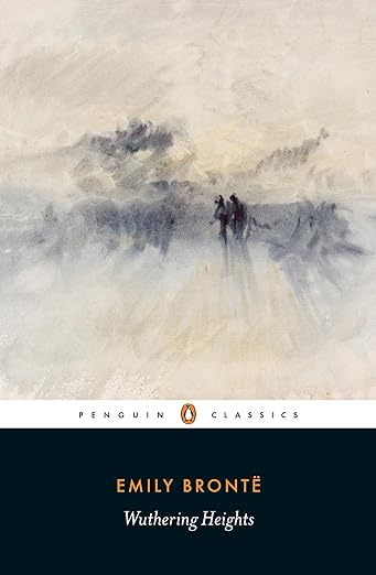 Wuthering Heights by Emily Brontë book cover, depicting a drawing with beige and gray. At the center are two figures. The bottom third of the book cover has the title in white letters on top of a black rectangle.