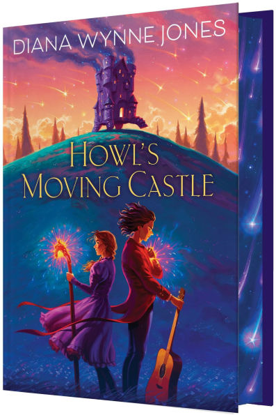 Deluxe edition cover of “Howl’s Moving Castle” by Diana Wynne Jones. The artwork shows Howl and Sophie standing back to back holding glowing lights, with a guitar at Howl’s side. Behind them is the magical moving castle perched on a hill at sunset, with purple sprayed edges visible along the book’s side.