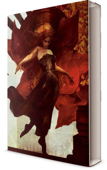 Slipcase for the deluxe edition of “Red Rising,” illustrated with a woman in a dark dress surrounded by red and gold abstract designs.
