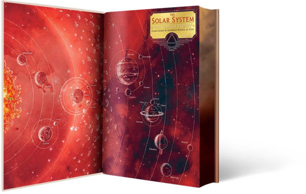 Illustrated endpapers of the deluxe “Red Rising” edition, depicting a map of the solar system in vivid red tones, showing planets, orbits, and asteroid belts.
